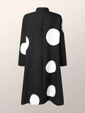 Amozae-Fashion Fall Clothes 2024 Women Jacket Long Sleeves Loose Asymmetric Buttoned Polka-Dot Tied Mock Neck Midi Dresses Outerwear