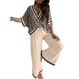 Amozae-Summer Women's Casual Suit Deep V-neck Half Sleeve Printed Shirt Top and High Waist Wide Leg Pants Summer Thin Outfits