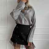 Amozae-Black Lace Splice Mini Skirt For Women Beading High Waisted Sexy Slim Hip Wrap Skirt Female Clubs Party Skirt Summer New