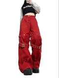 Amozae-Jeans Red Spliced Bandage Detachable Loose Design New Spicy Girl Y2K High Street Women American Relaxed Wide Leg Long Pants