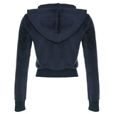 Amozae Women Y2K Dark Blue Velvet Coat Fall Winter Outwear Casual Minimalism Hooded Zipper Cropped Top Fashion Basic Outfits