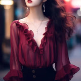 Amozae-High-end European Style Red Chiffon Long Sleeve Sun Protection Shirt For Women 2024 Early Summer French V-neck Ruffle Edge Dress