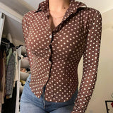 Amozae Dot Print Long Sleeve Women Shirt Fall Casual Elegant Lady Turn-down Collar Blouse Vintage Y2K Slim Crop Top Street