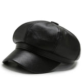 Amozae-Women Men PU Leather Berets Hat Retro British Solid Beret Baseball Cap Outdoor Sun Hat Winter Warm Octagonal Hats Newsboy Caps