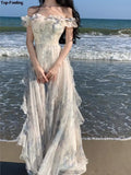 Amozae-Fashion Bohemian Print Long Dresses France Elegant Ruffles Strap Beach Holiday Vestidos Summer Korean A-line Robe Women