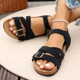 Amozae-Fashion Buckle Strap Flat Sandals for Women Summer 2025 Casual Outdoor Beach Shoes Woman Lightweight Non Slip Black Cork Sandals