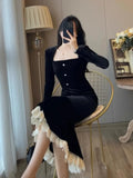 Amozae-Christmas Outfit New Year's Eve Dress party look inspos Vintage Bodycon Black Velvet Mermaid Party Dress Women Elegant Square Collar Lace Patchwork Evening Vestidos Autumn Prom Robe