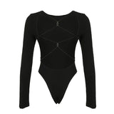 Amozae Cross Backless Women Sexy Bodysuit Black Fashion Long Sleeve Bodysuit Top Rave Outfits Chic Stylish Rompers Clubwear