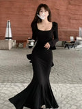 Amozae-Christmas Outfit New Year's Eve Dress party look inspos Elegant Sexy Bodycon Party Mermaid Dress for Women Square Collar Flare Sleeve Slim Midi Dresses Female Autumn Black Prom Robe