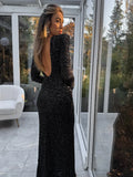 Amozae-new years eve outfits Christmas party outfits Elegant Round Neck Sequin Maxi Dress Slim Fit Backless Long Sleeve Bodycon Rodes New Autumn Winter Women Banquet Party Vestidos