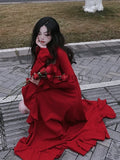 Amozae-new years eve outfits Christmas party outfits Autumn Red Vintage Elegant Dress Women Flare Sleeve Designer Sweet Long Dress Female Ruffles Retro Princess Irregular Dress 2024