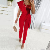 Women Sequin Sharkly Shiny Party Jumpsuit Spring Eleagnt One Shoulder Draped Office Playsuit Summer Hollow Out Straight Overalls
