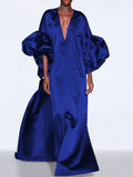 Amozae-New Vintage Elegant Evening Party Dress for Female 2024 Autumn Summer Loose Blue Red Puff Sleeves V-Neck Maxi Dress