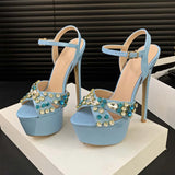 Amozae-Sexy Super High Heel Sandals 2024 Summer Fashions Crystal Pole Dance Shoes Blue Open-toe Fish Mouth Rhinestone Platform Sandals