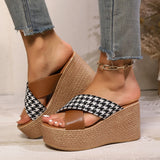 Amozae-Cross Strap Wedge Sandals Women Fashion Plaid Pattern Chunky Platform Sandals Woman Thick Bottom Summer Beach Slippers Plus Size