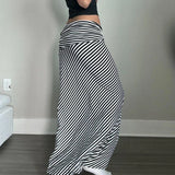 Amozae Black White Striped Women Skirt Folds Detail Elegant Fashion Fall Long Skirt Casual Minimalism Lady Street Outfits