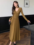 Amozae-Christmas Outfit New Year's Eve Dress party look inspos Women's Elegant Pleated Knitted Dress with Ribbon Autumn Long Sleeve V-Neck Slim Party Vestidos Korean Female Evening Dresses