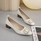 Amozae-2024 Woman Elegant Square Toe Beige Shoes Heel Female Metal Accessories  Shoes Comfortable Cute  Shoes