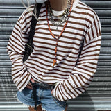 Amozae Vintage Slouchy Fit Long Sleeve Tee Shirt Fashion Street Autumn Casual Striped Brown Pullovers Grunge Style Outfits