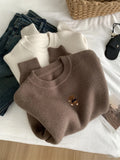 Amozae-Autumn Casual Outfits Amozae-Thick Teddy Bear Embroidered Pullover Sweater Women Loose Gray Long Sleeved Knit Sweater Warm For Autumn