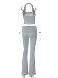 Amozae-2024 New Fashion Streetwear Two Pieces Set Women Halter Neck Backless Tank Top and Long Pants Suit Female Tracksuits Gray Black