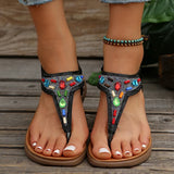 Amozae-Beaded Decor Bohemian Flat Sandals for Women Summer 2025 Elastic Band Clip Toe Rome Sandals Woman Soft Sole Non Slip Beach Shoes