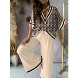 Amozae-Summer Women's Casual Suit Deep V-neck Half Sleeve Printed Shirt Top and High Waist Wide Leg Pants Summer Thin Outfits