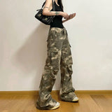 Amozae-Camouflage Print Dye Multiple Pockets High-Waisted Cargo Pants Woman Loose Casual Vintage Streetwear Style Camo Trousers