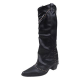 Amozae-Autumn Winter Women Knee-High Boots Fashion Rivet Western Knight Booties Pointed Toe Square Heels Female Shoes