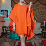 Amozae-2024 New Women's Elegant Above Knee Evening Dress Solid Color Round Neck Ruffled Sleeves Loose Party Dresses for Ladies