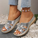 Amozae-Gold Silver Wedge Heel Slippers for Women Summer 2025 Comfort Non Slip Beach Shoes Woman Fashion Weaving Platform Slides Sandals