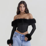 Amozae Autumn and Winter Women Tops 2024 Detachable Fur Off The Shoulder Cropped Top Sexy Black Casual Long Sleeve Blouse