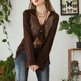 Amozae Vintage Lace-up Women Shirt Grunge Butterfly Print V Neck Female Long Sleeve Cardigans Top Elegant 2000s Tee Shirts