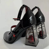 Amozae-Punk Gothic High Heels Pumps Women 2024 New Rose Heeled Patent Leather Shoes Woman Ankle Straps Black Mary Jane Shoes