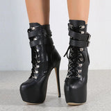 Amozae Sexy Buckle Strap 16.5 CM Extreme High Heels Platform Boots For Women Round Toe Cross Lace Up Party Club Stripper Shoes