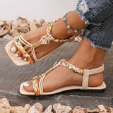 Amozae-Fashion Flower Beaded Bohemian Sandals Women Square Toe Printing Braided Flat Sandals Woman 2025 Summer Comfortable Beach Shoes