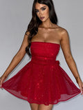 Amozae-hoco dresses -A Mesh Strapless Sparkle Sexy Mini Dress For Women Fashion Backless Bow Pleated Dresses Femme Club Party Dress Elegant