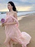 Amozae-Christmas Party Dresses  Pink Elegant Pleated High Waist Split Long Dress Women Fashion Backless Halter Strapless Fairy Dress Female 2024 Vestido