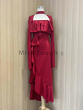 Amozae-new years eve outfits Christmas party outfits Autumn Red Vintage Elegant Dress Women Flare Sleeve Designer Sweet Long Dress Female Ruffles Retro Princess Irregular Dress 2024