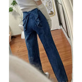 Amozae-Spring and Autumn Blue Back Big Bow Dyed Wide Leg Pants for Sweet Girl Retro Versatile Casual American Micro Horn Trendy Jeans