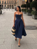 Amozae Elegant Spaghetti Strap Midi Dress Slim A Line Party Dresses Navy Blue Casual Birthday Holiday Dress Women's clothing