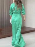 Amozae-Women's Dress Solid Green Slim Fit Maxi Dress Lapel V-neck Long Sleeve High Waist Pleated Dresses For Female 2024 New