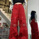 Amozae-Jeans Red Spliced Bandage Detachable Loose Design New Spicy Girl Y2K High Street Women American Relaxed Wide Leg Long Pants