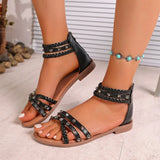 Amozae-Roman Style Rivets Flat Sandals for Women Fashion Braided Ankle Strap Gladiator Sandals Woman Summer Comfy Non Slip Beach Shoes