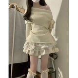 Amozae-Plus Size 2024 Autumn Winter New Preppy Style Sensibility Niche Off-shoulder Knit Sweater Skirt Two-piece Set