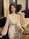 Amozae-Christmas Outfit New Year's Eve Dress party look inspos Autumn Chiffon Fairy Midi Dress for Women Elegant Lantern Sleeve One Piece Dresses Korean Fashion Long Vestidos Female Clothing