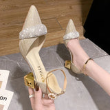 Amozae-Rhinestones High Heels Women Pointed Rough Heel Women Sandals Summer Pumps Blue Gold Wedding Shoes Bride Office Shoes for Women