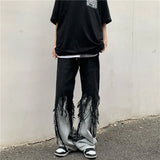 Amozae-Trendy American Style Hip Hop High Street Trousers Loose Fit Wide Leg Punk Style Straight Leg Black Fringe Destructive Jeans