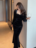 Amozae-Christmas Outfit New Year's Eve Dress party look inspos Women's Black Velvet Mermaid Dress Autumn New Slim Square Collar Lantern Sleeve Party Vestidos Elegant Female Evening Prom Robe