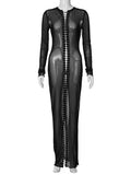Amozae-Sexy Women Hollow Out Bandage Black Mesh Dress 2024 O-neck Long Sleeve Bodycon Lace-up See-through Party Night Club Dresses